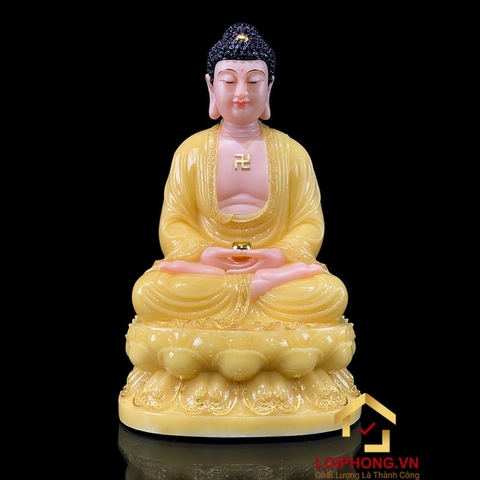 Tượng Phật A Di Đà Ngồi Đế Hoa Sen Bằng Bột Đá Thạch Anh Viền Vàng cao 30 - 65cm