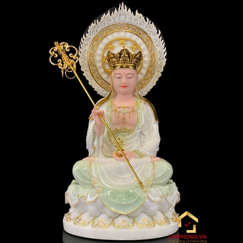 Tượng Địa Tạng Vương Bồ Tát ngồi hoa sen bằng bột đá cẩm thạch thiên thanh viền vàng có lá đề cao từ 40 cm - 90 cm