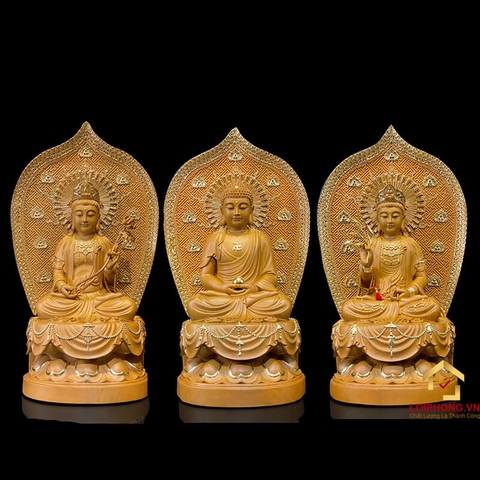 Tượng Phật Tây Phương Tam Thánh Ngồi Đài Sen Có Lá Đề Bằng Gỗ Long Não cao 40 – 65cm