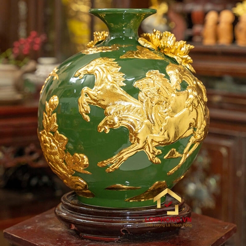 Bình hút tài lộc mã đáo thành công dát vàng cao 28 cm đường kính 23 cm