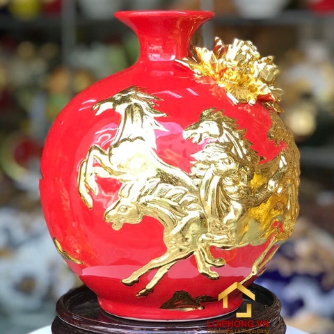 Bình hút tài lộc mã đáo thành công dát vàng cao 22 cm đường kính 19 cm