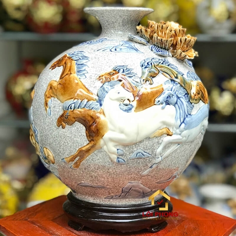 Bình hút tài lộc mã đáo thành công cao 28 cm đường kính 23 cm men rạn