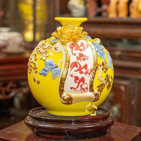 Bình phát tài phát lộc cao 22cm đường kính 19cm dát vàng