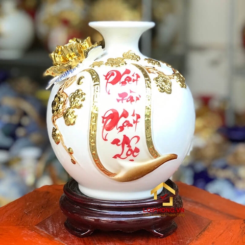 Bình phát tài phát lộc cao 18cm đường kính 16cm dát vàng