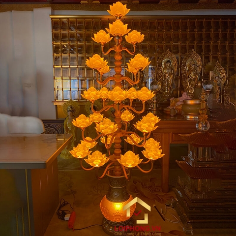 Đèn Thờ Hoa Sen Bình Lưu Ly 27 bông nở vàng cao 182cm
