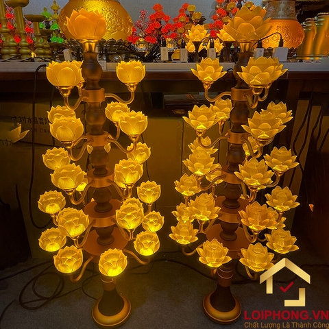 Đèn Thờ Hoa Sen Lưu Ly thân cổ lùn 27 bông cụp cao 105cm