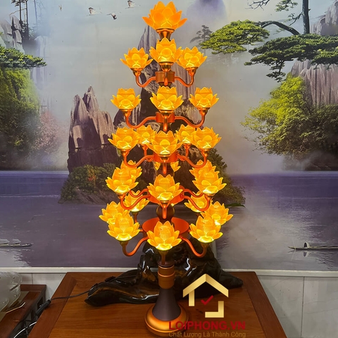 Đèn Thờ Hoa Sen Lưu Ly thân cổ lùn 27 bông nở cao 105cm
