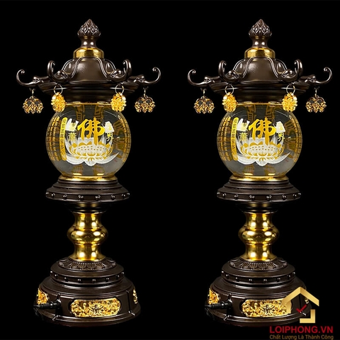 Đèn bàn thờ hình cầu bằng pha lê chữ tâm kinh cao cấp khắc hoa sen 3D