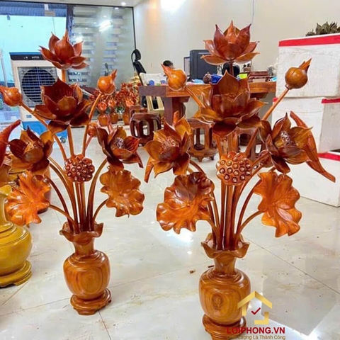 Bình Hoa Sen Gỗ Hương Đá 13 cành