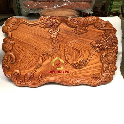 Khay trà gỗ nguyên khối thần long nhả ngọc dài 60 x rộng 35 x dày 4 cm