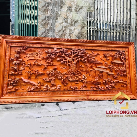 Tranh gỗ Đồng Quê đẹp 117x237x7 cm gỗ hương đỏ