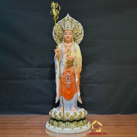 Tượng Địa Tạng Vương Bồ Tát đứng bột đá sơn có lá đề cao 40cm - 48cm - 65 cm