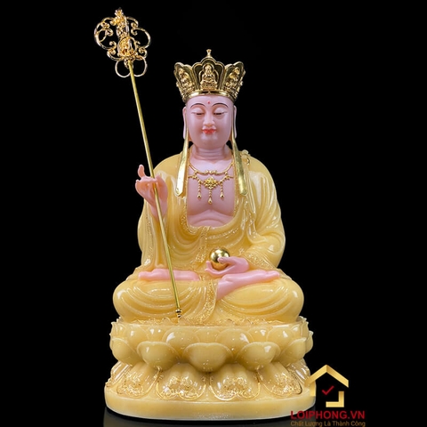 Tượng Địa Tạng Vương Bồ Tát Ngồi Đế Hoa Sen Bằng Bột Đá Thạch  Anh Viền Vàng cao từ 30 - 65 cm