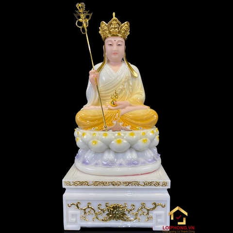 Tượng Địa Tạng Vương Bồ Tát Ngồi Đế Hoa Sen Bằng Bột Đá Trắng Viền Xám cao từ 30 - 90 cm