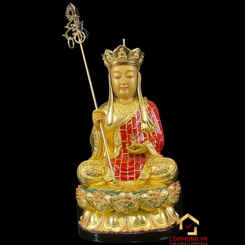 Tượng Địa Tạng Vương Bồ Tát Ngồi Đài Sen Bằng Gỗ Long Não Dát Vàng cao 48cm