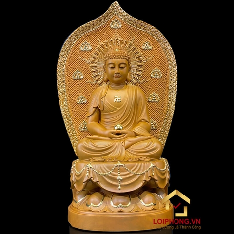 Tượng Phật A Di Đà ngồi đài sen có lá đề bằng gỗ long não cao 48 cm (Tổng lá đề 65cm)