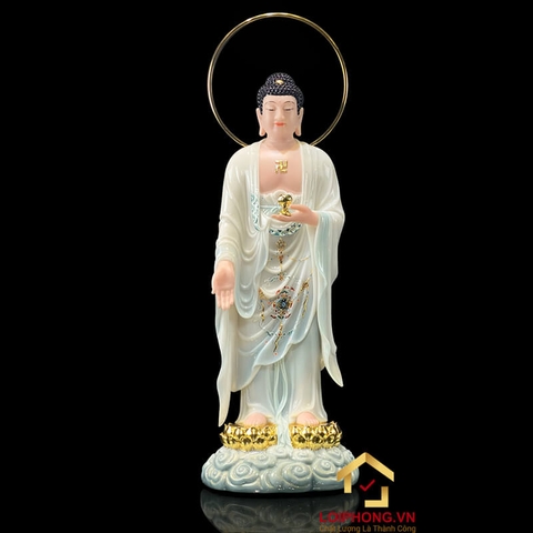 Tượng Phật A Di Đà đứng đế mây bằng bột đá sơn cao cấp viền hoa có hào quang cao 48-65-90cm
