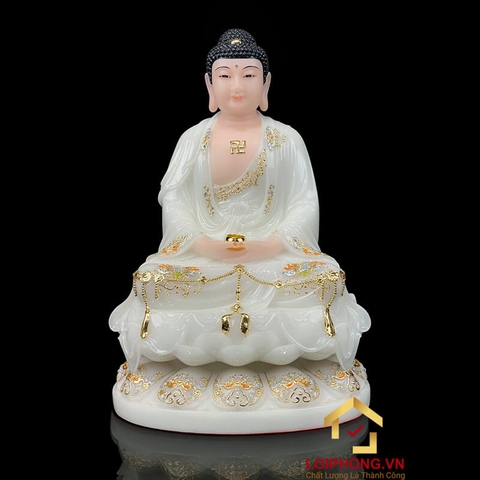 Tượng Phật A Di Đà Ngồi Đế Hoa Sen Bằng Bột Đá Trắng Viền Vàng cao 30 - 65cm