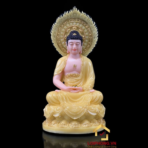 Tượng Phật A Di Đà Ngồi Đế Hoa Sen Có Lá Đề Bằng Bột Đá Thạch Anh Viền Vàng cao 40 - 90cm