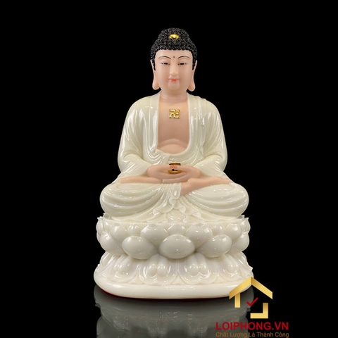 Tượng Phật A Di Đà Ngồi Đế Hoa Sen Bằng Bột Đá Trắng cao 30 - 48cm