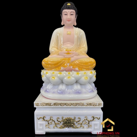 Tượng Phật A Di Đà Ngồi Đế Hoa Sen Bằng Bột Đá Trắng Viền Xám cao 30 - 90cm