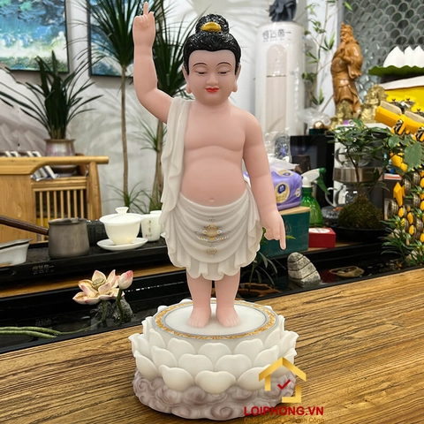 Tượng phật đản sanh màu trắng đứng trên đài sen cao 40 - 48 cm