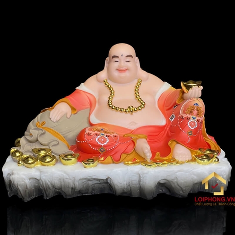 Tượng Phật Di Lặc bằng bột đá màu đỏ trắng dài 30 – 45 cm