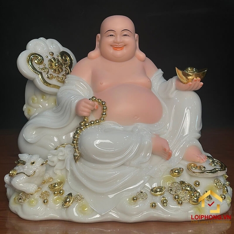 Tượng Phật Di Lặc bằng bột đá màu trắng kích thước 33x40x25 cm