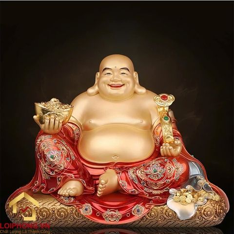 Tượng Phật Di Lặc Như Ý Khoác Áo Gấm Bằng Đồng Men Cổ kích thước 48cm x 39cm x 36cm