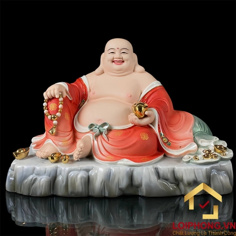 Tượng Phật Di Lặc Ngồi Túi Tiền Vàng Bằng Sứ Sơn Đỏ Cao Cấp cao 40cm, 48cm
