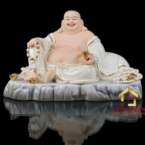 Tượng Phật Di Lặc Ngồi Túi Tiền Bằng Sứ Trắng Viền Vàng cao 40cm, 48cm