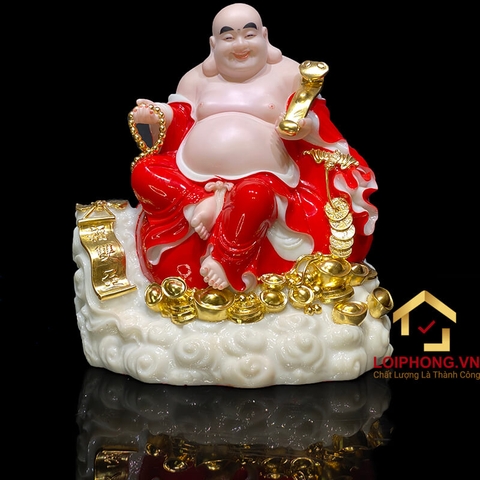 Tượng Phật Di Lặc Ngồi Đế Đồng Tiền Bằng Bột Đá Sơn Đỏ cao 40cm, 48cm