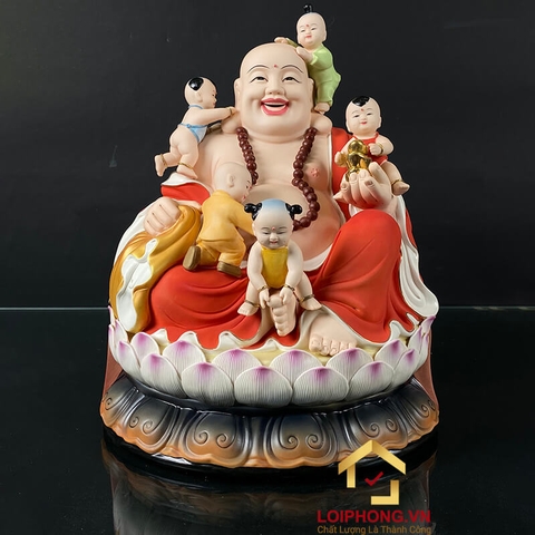 Tượng Phật Di Lặc Ngũ Phúc Ngồi Đài Sen Bằng Sứ Sơn Đỏ Cao 40cm