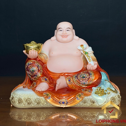 Tượng Phật Di Lặc Ngồi Đài Sen Bằng Bột Đá Sơn Đỏ Viền Vàng Cao 30 - 48cm