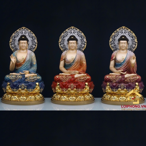 Tượng phật Dược Sư ngồi hoa sen bằng đồng vẽ gấm ấn bảo cao 48 cm