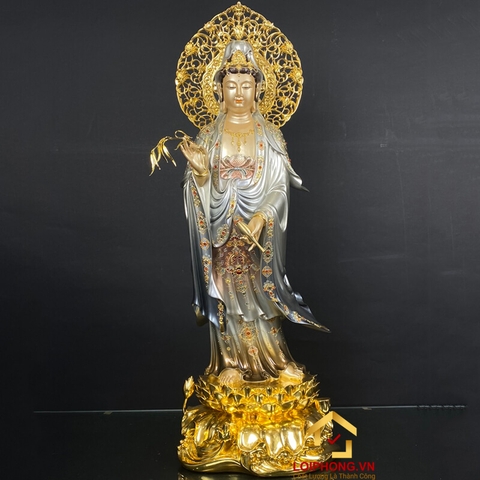 Tượng Phật Quan Âm đứng bằng đồng men cổ cao 48 - 65 - 90 - 106 cm