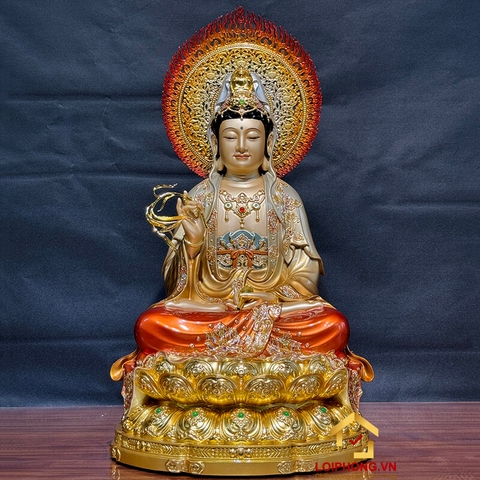 Tượng Phật Quan Âm  ngồi bằng đồng men cổ đế báo liên có lá đề cao 30-48 cm