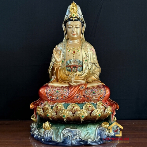 Tượng Phật Quan Âm  ngồi bằng đồng men cổ đế non nước cao 30-65 cm