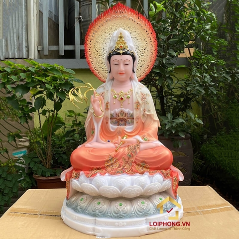 Tượng Phật Quan Âm  ngồi đế bảo liên bột đá sơn đỏ cao 30 - 65 cm