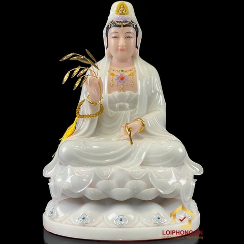 Tượng Phật Quan Âm  ngồi hoa sen đế to bột đá trắng cao 30 - 65 cm