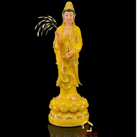 Tượng Phật Quan Âm Đứng Đài Sen Bằng Thạch Anh Viền Vàng cao 90cm