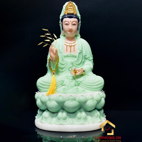 Tượng Phật Quan Âm Ngồi Đài Sen Bằng Bột Đá Xanh Ngọc cao từ 30 - 90cm
