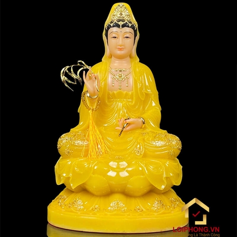 Tượng Phật Quan Âm Ngồi Đài Sen Bằng Bột Đá Thạch Anh Viền Vàng cao từ 30 - 48cm