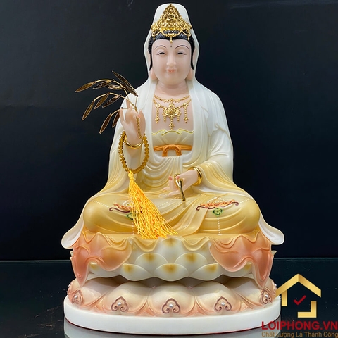 Tượng Phật Quan Âm Ngồi Đài Sen Bằng Bột Đá Sơn Vàng cao từ 30 - 65cm