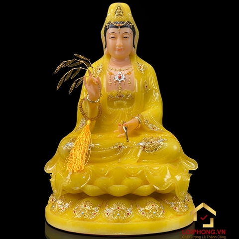 Tượng Phật Quan Âm Ngồi Đài Sen Bằng Bột Đá Thạch Anh Viền Vàng Cao Cấp cao từ 30 - 65cm