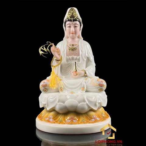 Tượng Phật Quan Âm Ngồi Đài Sen Bằng Bột Trắng Cao Cấp cao từ 30 - 48cm