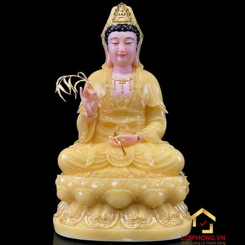 Tượng Phật Quan Âm Ngồi Đài Sen Bằng Bột Thạch Anh Viền Vàng cao từ 30 - 65cm
