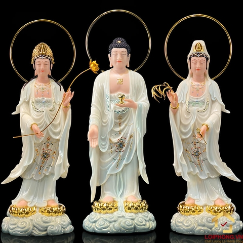Tượng phật Tây Phương Tam Thánh đứng bột đá trắng viền hoa cao 48-90 cm