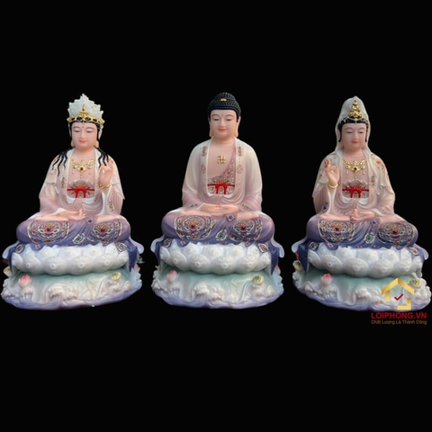 Tượng phật Tây Phương Tam Thánh ngồi đế non nước sơn màu cao 30 - 65 cm