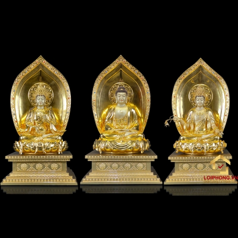 Tượng Phật Tây Phương Tam Thánh Ngồi Đế Kim Cang Bằng Đồng Đài Loan Dát Vàng cao 40-48-70cm